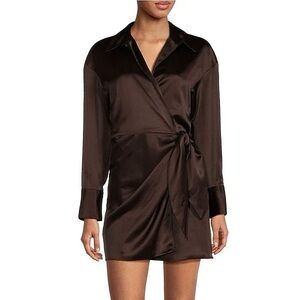 Gianni Bini Chocolate Brown Long Sleeve Collar Satin Wrap Dress Size 4 Small